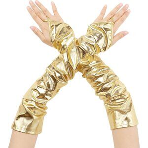 Women's Gold Metallic Sparkle Shiny Finger Loop Gloves Fingerless Arm Length